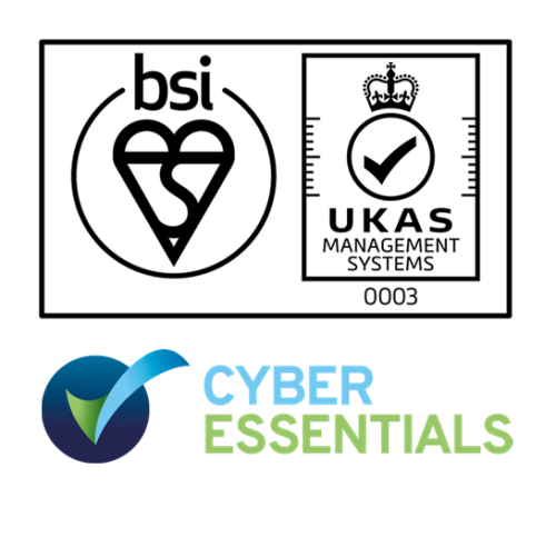 BSI UKAS 0003 and Cyber Essentials logos